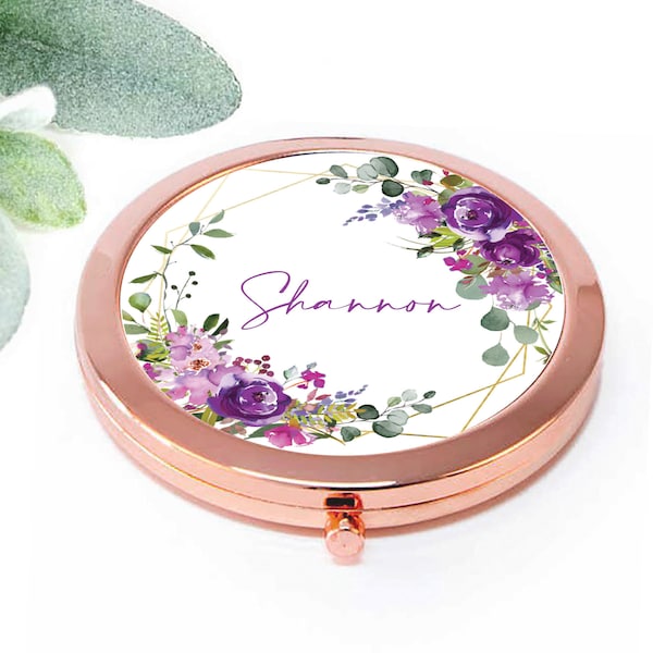 Purple Lavender Bridesmaid Proposal Gift, Personalized Compact Mirror, Maid of Honor Bridal Gift, Wedding favor Box Idea, Pocket Mirror M131