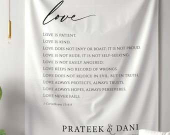 Christian Wedding Banner, Personalized Tapestry Backdrop,Love is Patient Bible Verse Decor, Engagement Decor