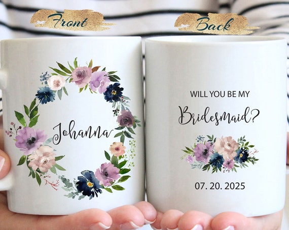 Bridesmaid Proposal Mug, Will you be my Bridesmaid Gift, Maid of honor Flower girl, Navy Mauve Wedding Favor, Personalized Gift Cup G432