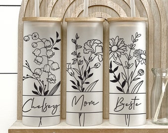 Birth Flower Tumbler: Personalized Frosted Glass Iced Coffee Cup  H08