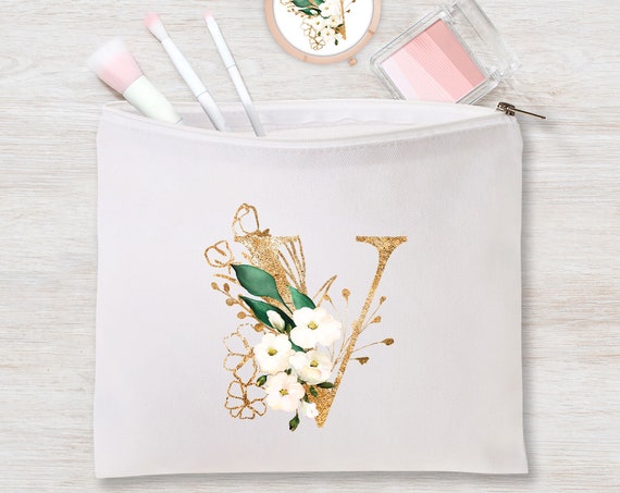 Bridesmaid Makeup Bag, Will You Be My Maid of Honor Proposal Gift, Mom, Large Cosmetic Bag, Personalized Green Faux Gold Wedding Favor P141