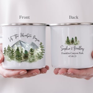 Let the adventure begin, Personalized Wedding Guest Gift, Mountain Forest Camping Mug, Travel Mug, Engagement Anniversary Bridal Party H072