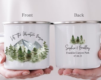 Let the adventure begin, Personalized Wedding Guest Gift, Mountain Forest Camping Mug, Travel Mug, Engagement Anniversary Bridal Party H072