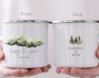 Tin Anniversary Camping mug, Personalized 10th Wedding Celebration Gift, Custom 10 Year Husband Wife Gift, Mountain Wedding Cup H111