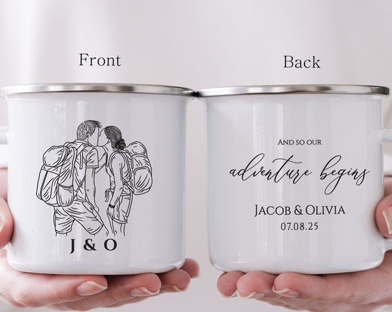 Personalized Wedding Guest Gift, Unique Custom Favor, Engagement Newlywed Anniversary Gift, Mountain Adventure Bride Groom Camping Cup H101