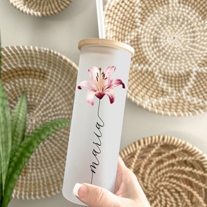 Personalized Birth Flower Tumbler: Frosted Glass Iced Coffee Cup H14