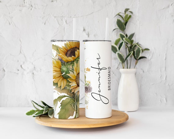 Sunflower gift, Personalized Sunflower Cup, Custom Name & Text, Travel Mug, Bridesmaid Proposal Gift T237