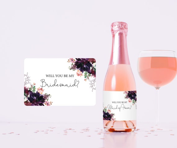 Will you be my bridesmaid mini wine champagne label, Bridesmaid Maid of Honor Proposal Gift Box Idea, Burgundy Plum Wedding Party Favor S039