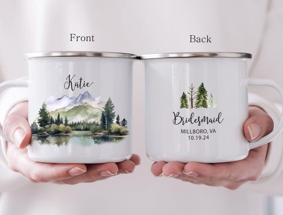 Bridesmaid Gift, Custom Bachelorette Party Camping Mug, Bridal Shower, Mountain Wedding Engagement Party Favor, Coffee Lover H158