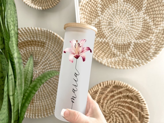 Birth Flower Tumbler, Bridesmaid Proposal Gift, Frosted Glass Tumbler, Personalized Iced Coffee Cup, Custom Birth Month Flower Gift H14