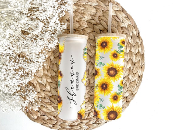 Sunflower Glass Cup With Name, Bamboo Lid & Straw, Bachelorette Party, Bridesmaid Proposal Gift, Frosted Glass Tumbler H16