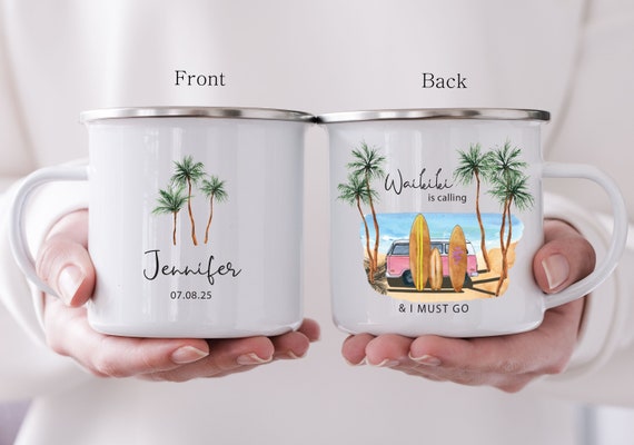 Beach Vacation Camping Mug, Wedding Guest Gift and Unique Keepsake, Girls Trip, Custom Name & Text Cup H079