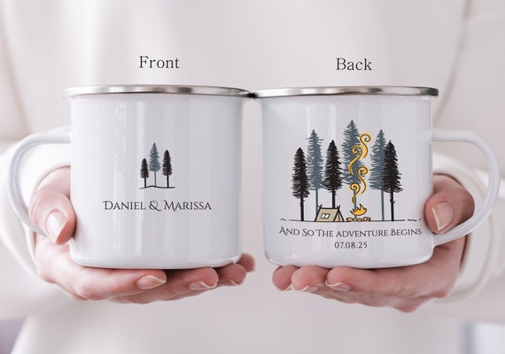 Personalized Camping Mug, Engagement Anniversary Gift, Enamel Campfire Cup, Bridesmaid gift, Mountain Wedding Gift for Guest H097