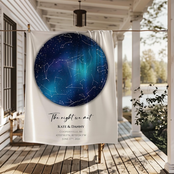 Personalized Sherpa Blanket, Custom Star Map Throw, Engagement or Wedding Gift for Couple, Anniversary Constellation Night Sky Keepsake K03