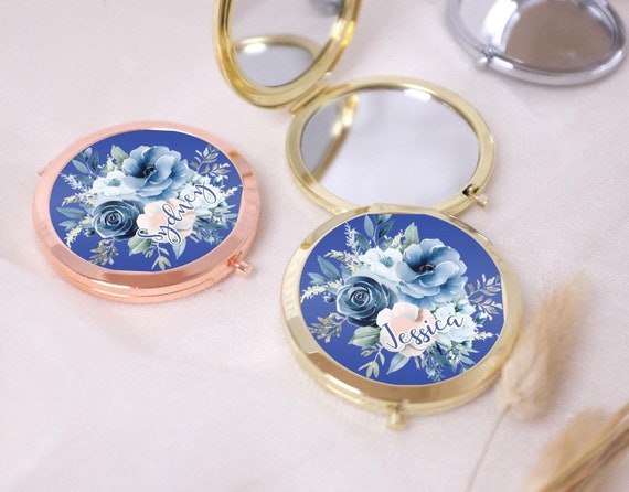 Something Blue Bridesmaid Gift, Personalized Compacts Pocket Mirror, Bridal Party, Wedding Favor, Birthday Best Friend Mom Boss M227