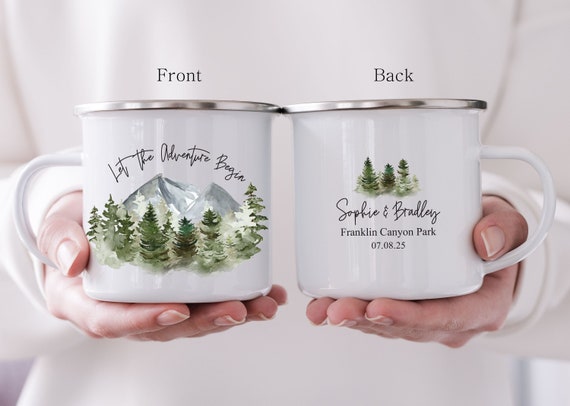 Personalized Wedding Guest Gift, Mountain Forest Camping Mug, Let the adventure begin, Travel Mug, Engagement Anniversary Bridal Party H072