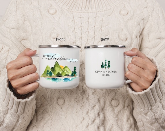 Mountain Wedding Gift, Custom Tin Anniversary Camping Mug, Engagement Newlywed Anniversary Gift H114