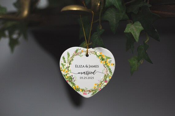 Wild flowers Engaged Ornament, Newly Married Gift, Wedding Guest Gift Favor, Keepsake, Personalized Announcement Couples Ornament T009