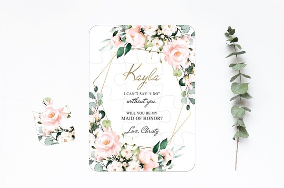 Bridesmaid Proposal Puzzle Card, Will You Be My Flower Girl Maid of Honor, Bridal Party Gift Box Idea, Peach Blush Gold Green Wedding Z019