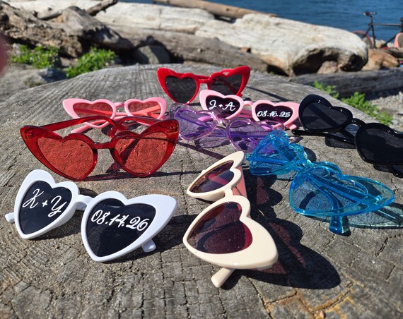 Personalized Wedding Heart Sunglasses - Bachelorette, Bridesmaid Gift, Girl's Trip, Beach Hen Party Favor for Video & Photo Memories
