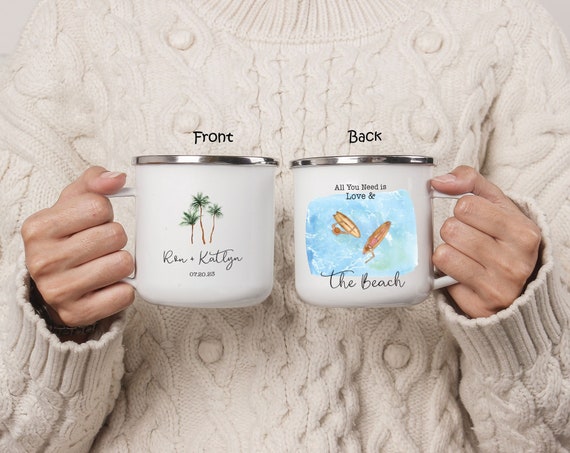 Palm tree Beach Wedding, Bridesmaid proposal Camping Mug, Bride tribe Engagement Anniversary Bridal Shower, Personalized Summer Gift H080