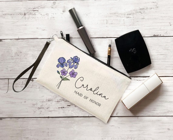 Personalized Birth Flower Makeup Bag, Bridesmaid Gift, Mom Teacher Best Friend Birthday, Bachelorette Party Favor, Cosmetic Bag P300