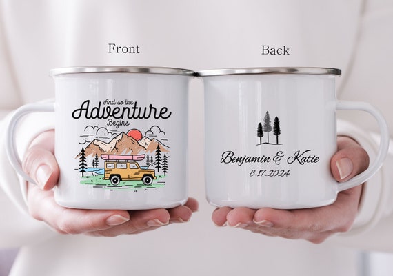 Wedding Gift, Custom Camping Mug, Mountains Camper Van Cup, Road Trip Adventure, Vanlife Outdoor, Personalized Couples Engagement H144