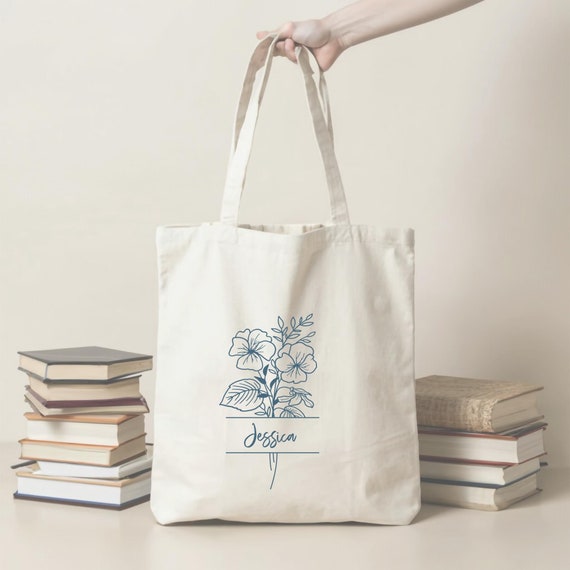 Birth flower Gift, Canvas Tote Bag, Bridesmaid Proposal Gift, Bachelorette Party, Mom, Wedding, Birthday, Travel, Bridal Shower Favor T01