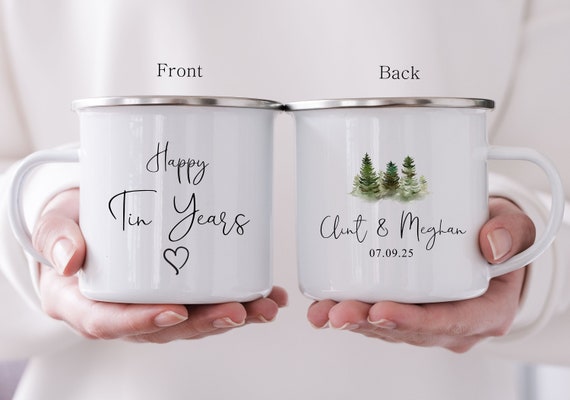 Happy Tin Years Anniversary Mug, Personalized 10th Camping Cup , Engagement, 10th Wedding, Celebration, Tin coffee mug, Couple Gift H106