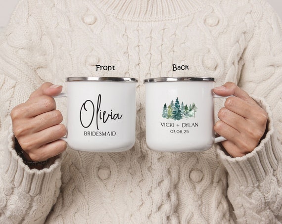 Bridesmaid Proposal Gift, Camping Mug Cup, Mountain Wedding Favor, Bride tribe Gift, Maid of honor, Bridal Party Campfire Enamel Cup H070