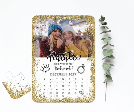 Bridesmaid Proposal Photo Puzzle Card, Will You Be My Flower Girl, Maid of Honor Ask Gift Box Ideas, Funny Calendar Save the date Z230