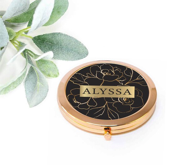 Bridesmaid Gift Compact Mirror, Maid of Honor Bridal Party Proposal Gift, Birthday, Black Gold Wedding favor, Proposal Gifts Box Idea M121