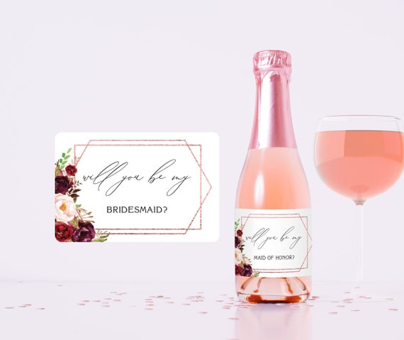 Burgundy Will you be my bridesmaid mini wine champagne label, Bridesmaid Maid of Honor, Proposal Gift Favor Box Idea, Bridal Shower S031