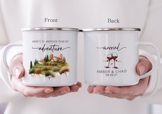 Vineyard Wedding Camping Mug, Tuscany Italy Travel, Personalized Wedding Guest Gift, Engagement Anniversary Bridal Shower H120