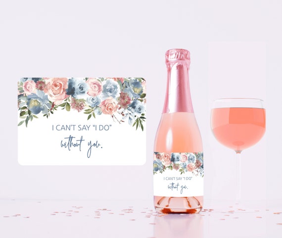 Mini wine champagne label, Will you be my Bridesmaid Maid of Honor Proposal Gift Box Idea, Dusty Blue Blush Wedding Party Stickers S061