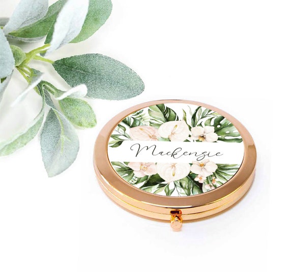 Tropical Blush Flowers Compact Mirror, Bridesmaid Gift, Maid of Honor Bridal Party Proposal, Gift Box Idea, Wedding, Pocket Mirror M127