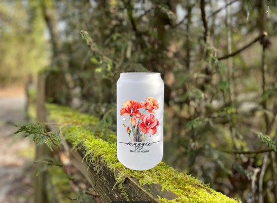 Birth flower Bridesmaid Gift, Wedding Favor Keepsake, Bachelorette Bride Tribe Travel Keepsake, Best Friend Cup, 18oz Frosted Beer Glass B05