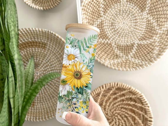 Sunflower Glass Tumbler, Mother's Day, Weddings, Birthdays, Graduation, Bachelorette Bridesmaid Proposal, Engagement, Gift for Woman H66