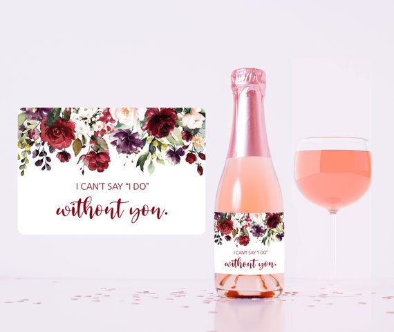 Mini wine champagne label, Will you be my Bridesmaid Maid of Honor Proposal Gift Box Idea, Burgundy Blush Wedding Party Stickers S062
