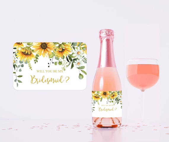 Will you be my bridesmaid mini wine champagne label, Flower girl Maid of Honor Proposal Gift Box Idea, Sunflower Wedding Stickers S055