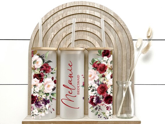 Burgundy Blush Floral Frosted Glass Tumbler, Bridesmaid Proposal Gift, Wedding Favor, Bridal Shower, Personalized Iced Coffee Cup H58
