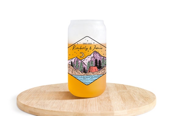 Mountain Wedding Gift Favor, 18 oz Beer Glass, Travel, Camping, Bridesmaid, Bachelorette, Engagement, Frosted Personalized Can Glass B02