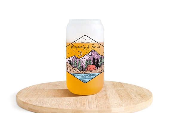 Mountain Wedding Gift Favor, 18 oz Beer Glass, Travel, Camping, Bridesmaid, Bachelorette, Engagement, Frosted Personalized Can Glass B02