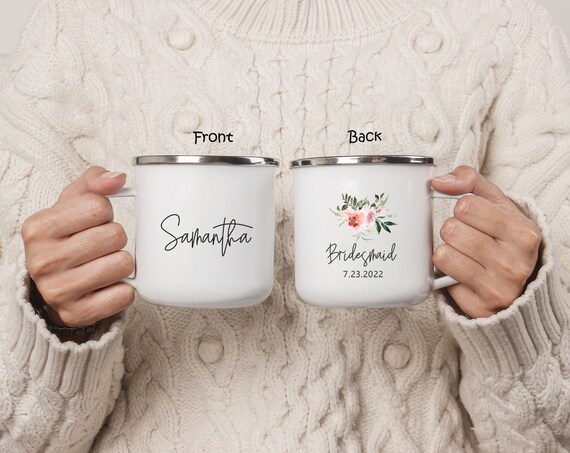 Bridesmaid Proposal Gift, Personalized Camping Mug Cup, Wedding Favor, Bride tribe Floral Mug, Wedding Anniversary Bridal Party Gift H056