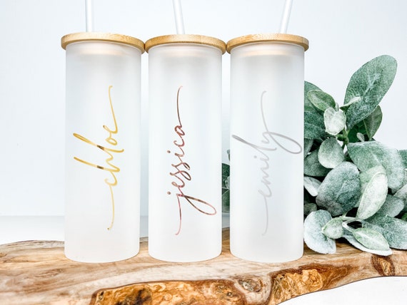 Personalized Name Iced Coffee Cup, Bridesmaid Gift, Bachelorette Party Favor, Frosted Glass Skinny Tumbler
