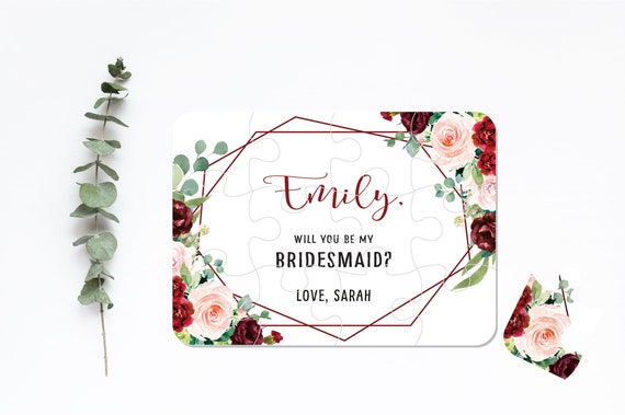 Will You Be My Bridesmaid Puzzle Card, Flower Girl Maid of Honor Proposal Gift, Personalized Bridal Shower Favor, Burgundy Wedding Z001