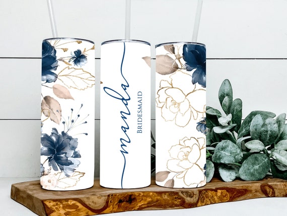 Personalized Tumbler, Bridesmaid Bachelorette Party Birthday Wedding Bride Mom Boss, Navy Floral Gift, 20oz Stainless Travel Mug T205