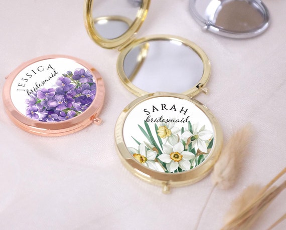Birth Flower Mirror, Bridesmaid Gift, Personalized Compacts Pocket Mirror, Bridal Party, Wedding Favor, Birthday Best Friend Mom Boss M226
