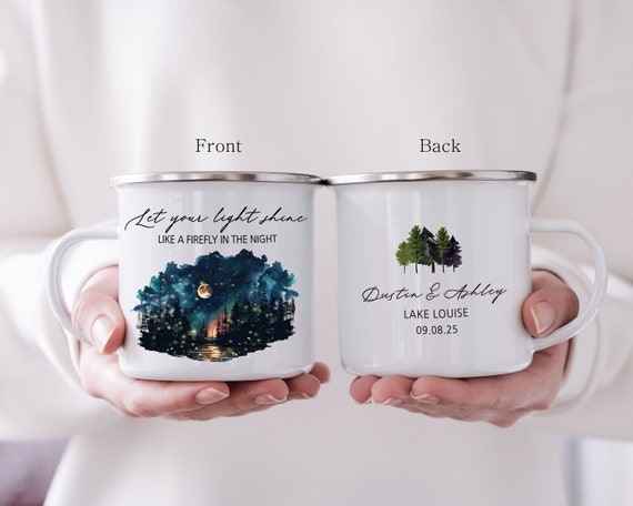 Personalized Camping Mug, Mountain Lake Wedding Guest Gift and Unique Keepsake, Engagement Gift, Custom Name & Text Cup H122