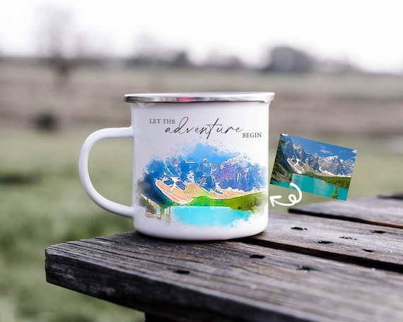 Custom Camping Mug- Watercolor Wedding Venue Portrait Cup, Personalized Engagement Gift, Honeymoon Keepsake, Guest Favor, Family Trip H31